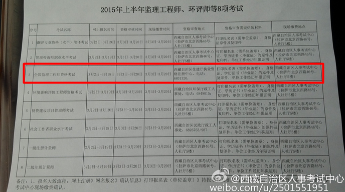 西藏自治區人事考試中心公布2015年監理工程師考試報名時(shí)間
