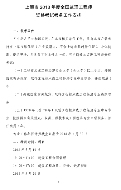 上海2018年度監理工程師資格考試考務(wù)工作的通知