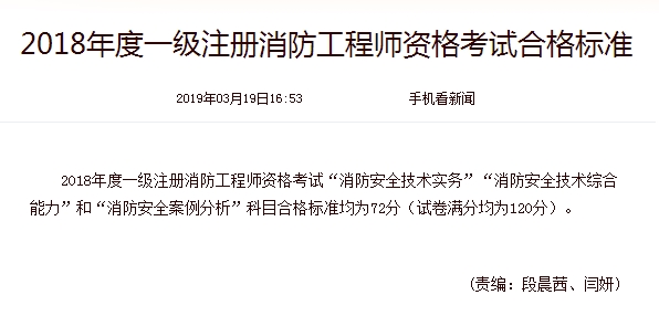 2018年一級消防工程師考試成績(jì)合格標準