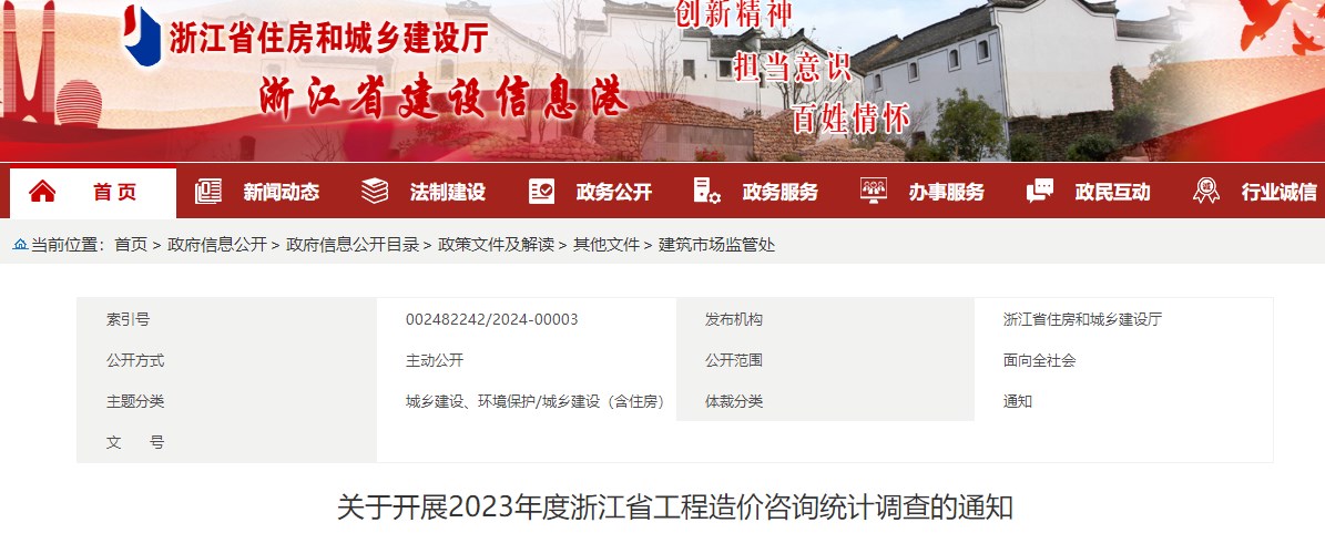 關(guān)于開(kāi)展2023年度浙江省工程造價(jià)咨詢(xún)統計調查的通知